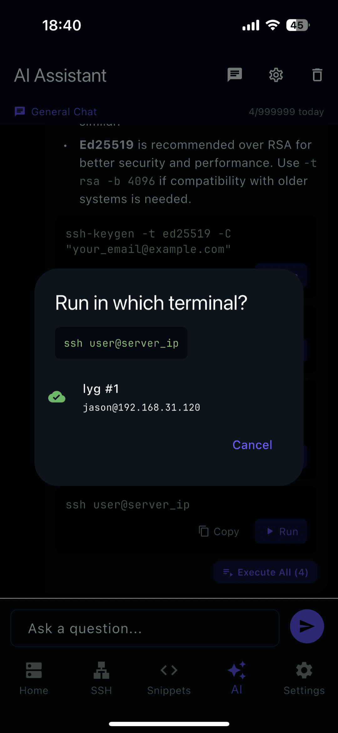 An AI-suggested command running in the TermAI terminal after tapping Run