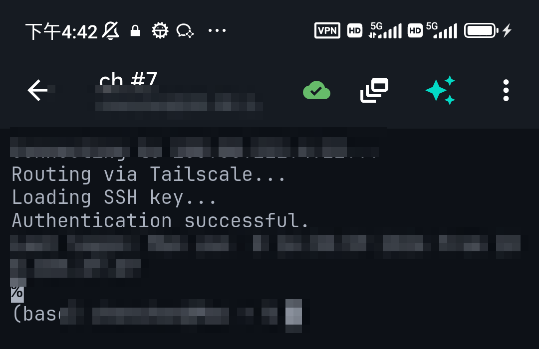 An active SSH session on Android in TermAI with the special-keys row