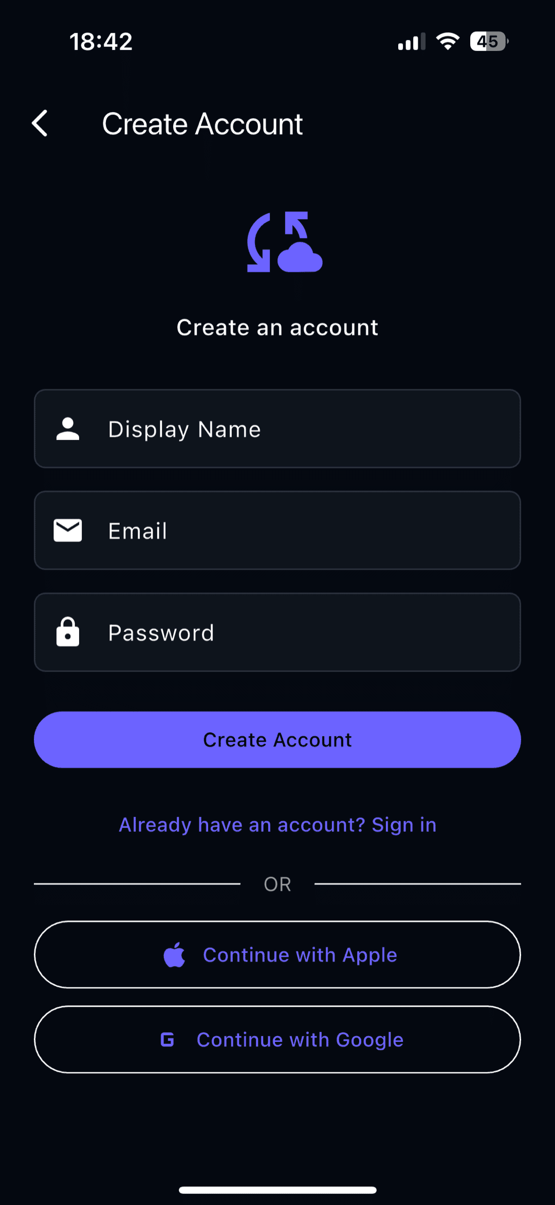 TermAI create-account screen with email and password fields