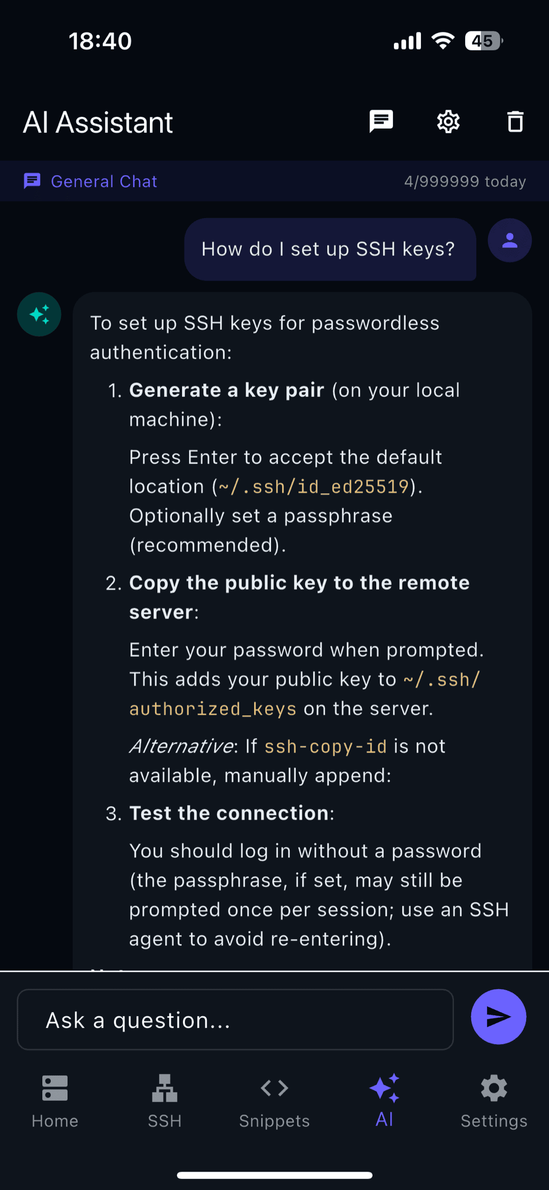 TermAI AI assistant answering a question about setting up SSH keys with step-by-step commands