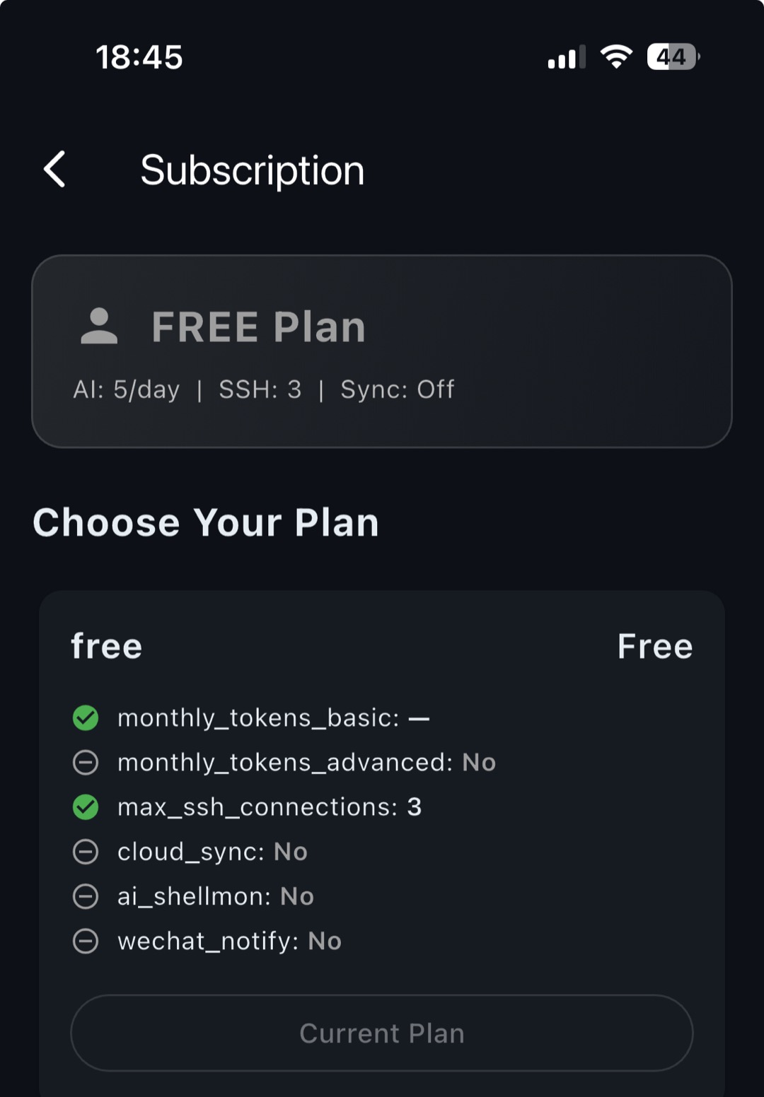 TermAI free plan screen showing daily AI quota and features