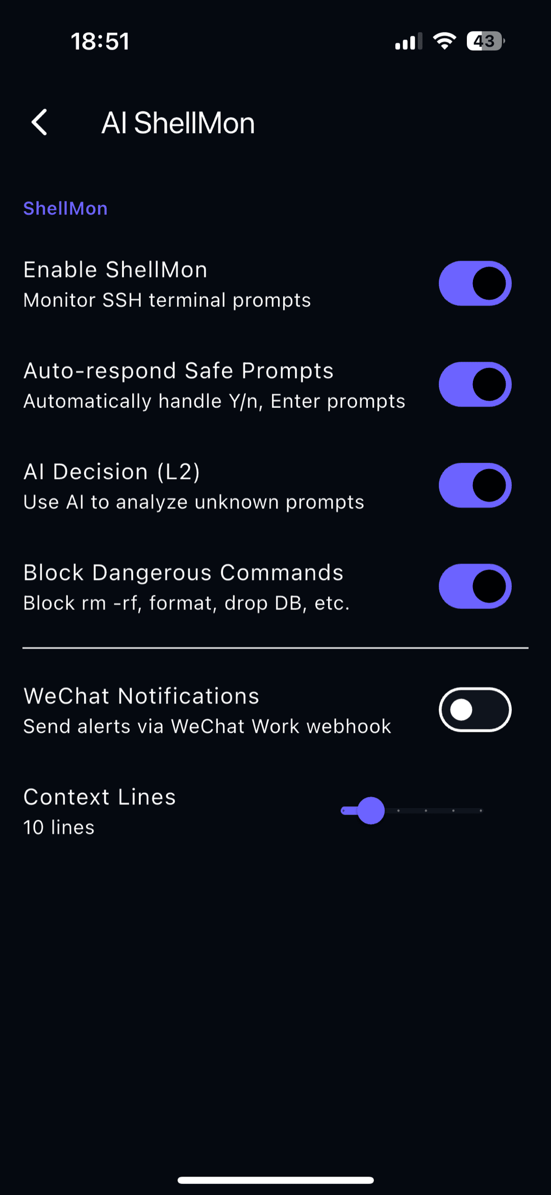 ShellMon settings in TermAI for detecting dangerous commands