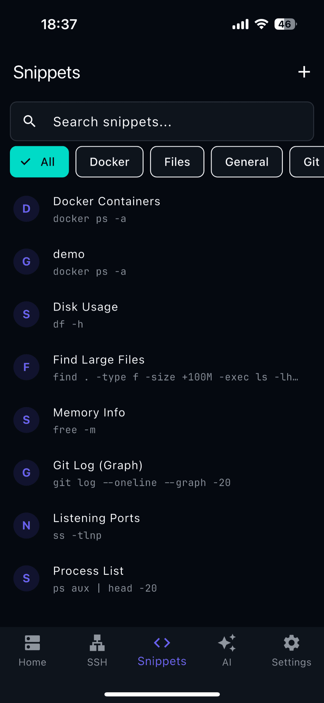 The Snippets list in TermAI with saved reusable commands