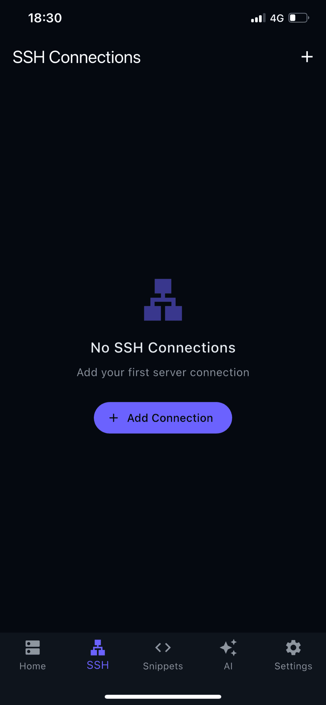 Empty SSH tab in TermAI with an Add Connection button