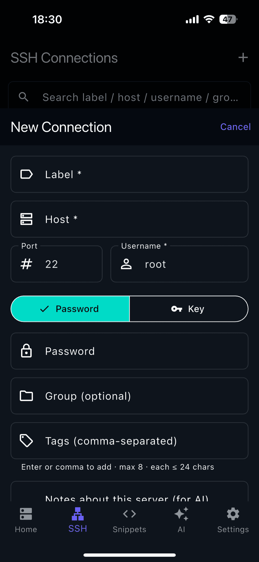 New SSH connection form in TermAI with host, port, username, and password fields