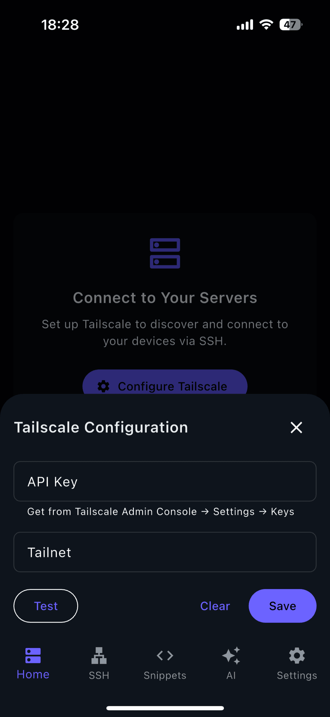 Tailscale configuration screen inside TermAI showing connected devices