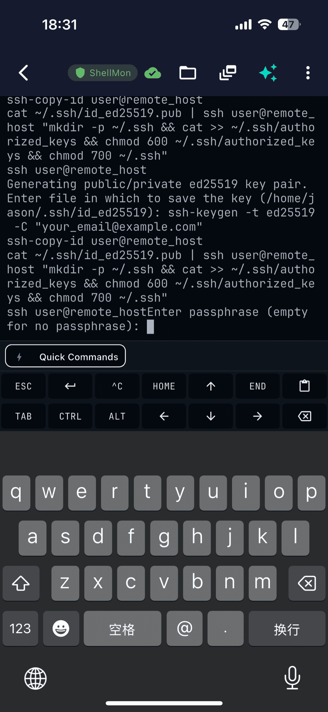 A live SSH session on Android with the special-keys row